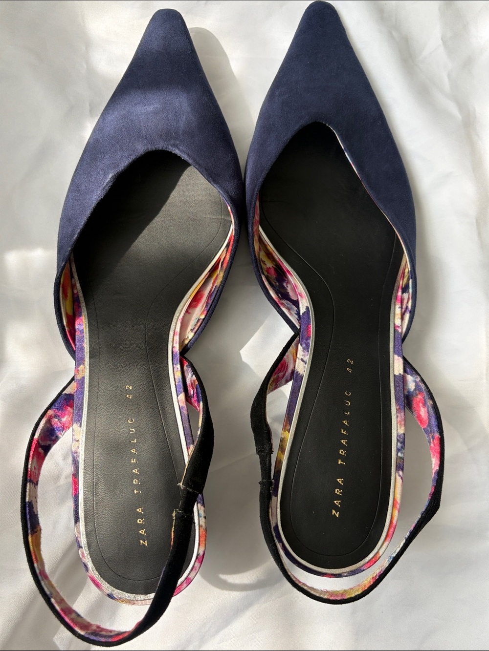 Zara Navy Pointed Slingback Flats with Floral Trim